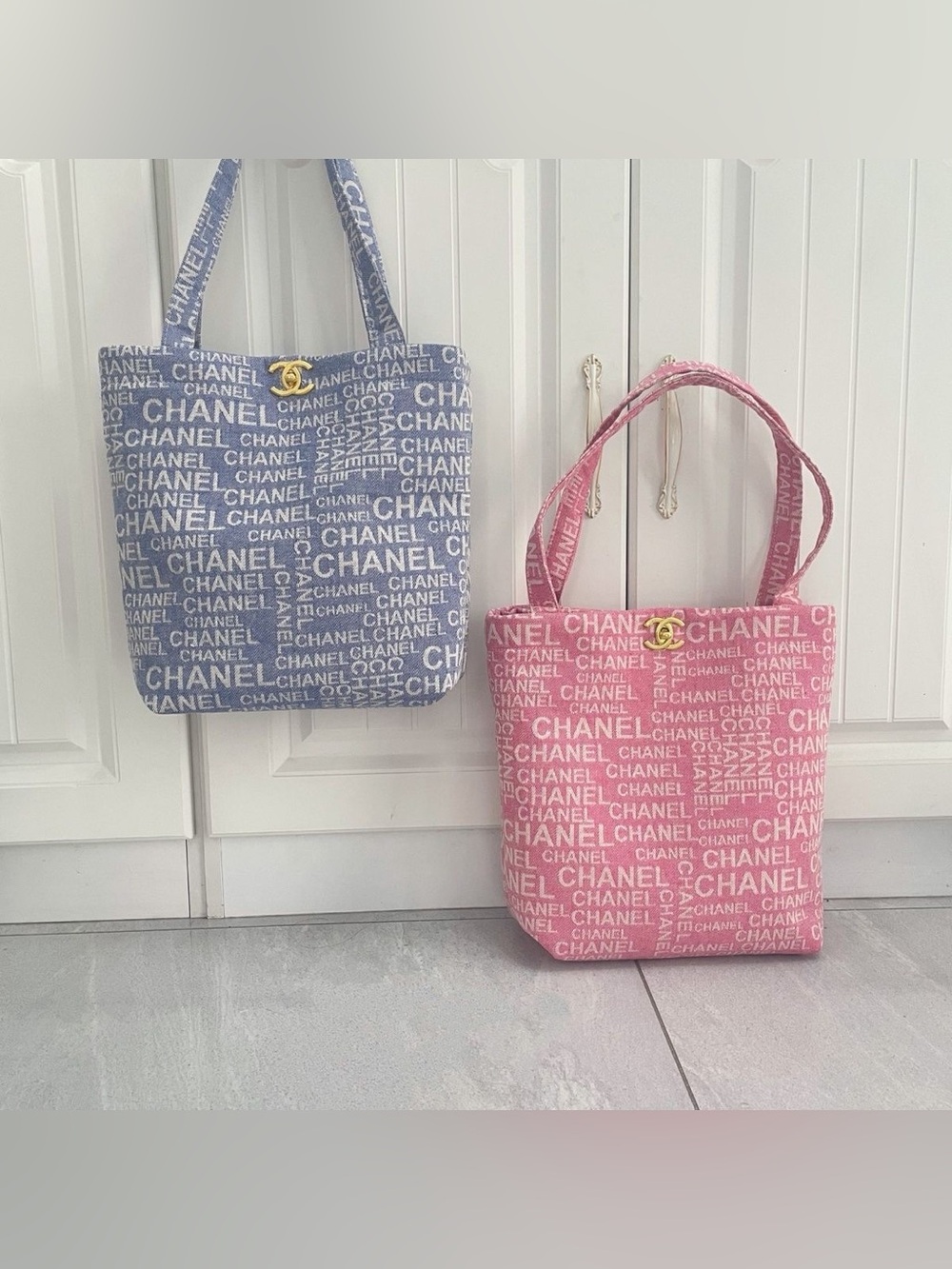 Chanel beauty GWP Light Blue denim and White Logo Jacquard Tote with Gold Accent